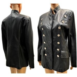 90s Black Leather Military Style Jacket with Silver Buttons Power Chic - Fashionconservatory.com