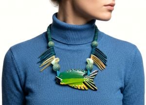 Vintage 80s Chunky Wood Fish Necklace Hand Painted Tropical Statement Jewelry