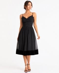Y2K Black Silk Chiffon Dress Velvet Trim XS 4