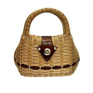 Vintage 60s Hong Kong Wicker Basket Handbag Brown Leather Top Handle Purse