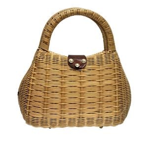 Vintage 60s Hong Kong Wicker Basket Handbag Brown Leather Top Handle Purse - Fashionconservatory.com