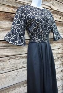 Vintage 1960s Black and Silver Formal Dress with Detached Waist Tie and Watteau Train - Fashionconservatory.com