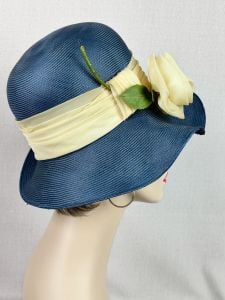 Vintage 60s Wavy Brim Blue Straw Hat by Mr John - Fashionconservatory.com