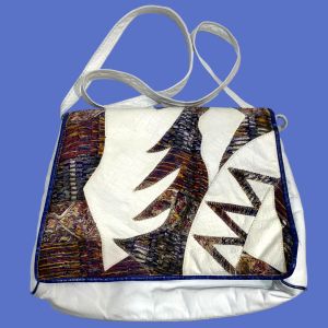 80s Large White Leather Shoulder Bag w Multicolor Patchwork Flap