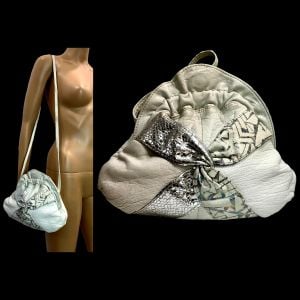 80s White Leather Pouch Shoulder Bag w Silver Snake & Pattern Criss Cross 