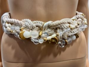 80s Ivory Braided Rope Beaded Belt | Gold & Clear Statement Waist Cinch | One Size Adjustable