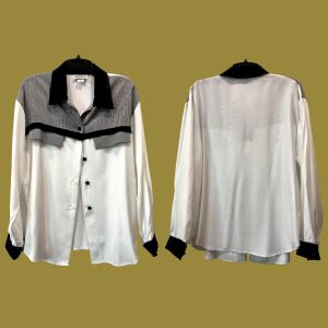 90s Oversized White Blouse w Black & Herringbone Trim  - Fashionconservatory.com