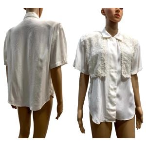80s White Short Sleeve Romantic Blouse w Lace Vest / Shrug | Small