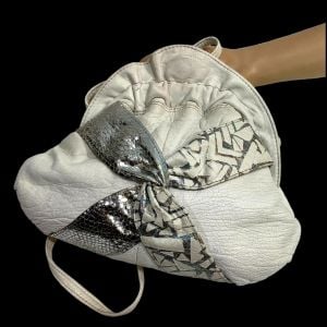 80s White Leather Pouch Shoulder Bag w Silver Snake & Pattern Criss Cross  - Fashionconservatory.com