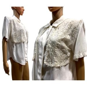 80s White Short Sleeve Romantic Blouse w Lace Vest / Shrug | Small - Fashionconservatory.com