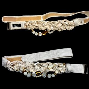 80s Ivory Braided Rope Beaded Belt | Gold & Clear Statement Waist Cinch | One Size Adjustable - Fashionconservatory.com