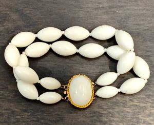 60s Mod White Beaded Double Strand Bracelet with Gold Clasp - Fashionconservatory.com