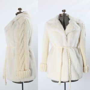 1970s Cream Gray Faux Fur Chunky Knit Sleeve Short Coat