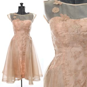 60s Champagne Gold Beige Full Skirted Panel Wiggle Cocktail Dress