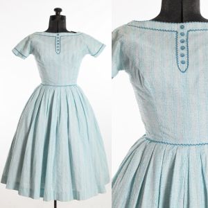 50s XXS Turquoise Blue and White Full Skirted Short Sleeve Day Dress