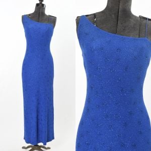 1990s Royal Blue Sparkly Fitted Sleeveless Semi-Formal Maxi Dress