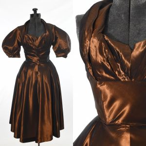 1950s Copper Halter Bust Shelf Changeable Taffeta Full Skirt Underbust Jacket Party Dress Set