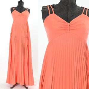 1970s Pinky Peach Accordion Pleated Sleeveless Maxi Dress