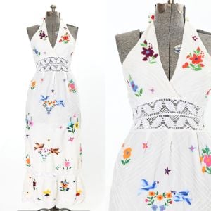 1970s White Embroidered Mexican Halter Hippy Boho Maxi Dress