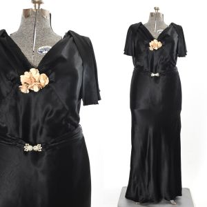 1930s Black Satin Caped Flutter Sleeve Bias Cut Plus Size Art Deco Evening Gown Dress