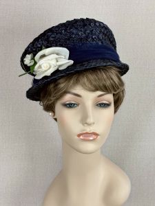 Vintage 60s Navy Blue Straw Asymmetrical Hat with White Silk Rose - Fashionconservatory.com