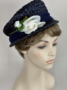 Vintage 60s Navy Blue Straw Asymmetrical Hat with White Silk Rose