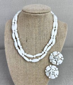 Vintage 50s White Demi Parure, Double Strand Necklace and Clip-on Earrings, Japan