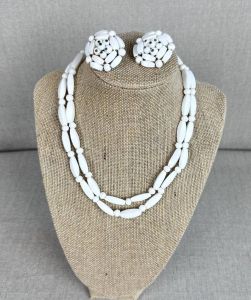 Vintage 50s White Demi Parure, Double Strand Necklace and Clip-on Earrings, Japan - Fashionconservatory.com