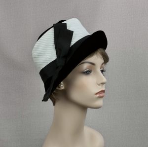 Vintage 60s White and Black Brimmed Cloche Style Hat