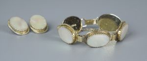 60s Whiting and Davis Goldtone Mother of Pearl Cabochons Bracelet and Clip On Earrings - Fashionconservatory.com