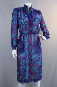 80s Teal and Purple Abstract Long Sleeve Dress by Willi, Sz 8, VFG - Fashionconservatory.com