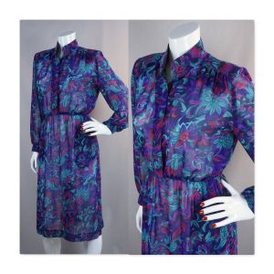80s Teal and Purple Abstract Long Sleeve Dress by Willi, Sz 8, VFG