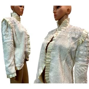 80s Ivory Chenille Romantic Jacket w Pearls and Lace - Fashionconservatory.com