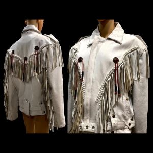80s 90s White Leather Western Fringe Biker Jacket w Conchos - Fashionconservatory.com