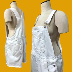 90s Distressed White Denim Overall Shorts - Fashionconservatory.com