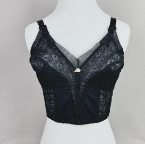 Vintage Black Lace Long Line Wonder Bra with Diagonal Slash, Sz 36C