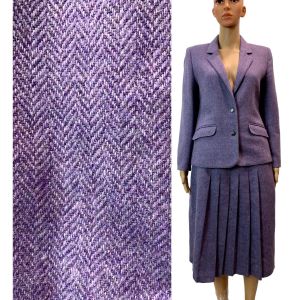 70s 80s Purple Herringbone Midi Skirt & Blazer Suit | W 27''