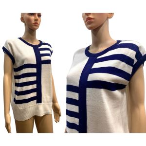 80s Chic White & Navy Blue Sleeveless Sweater Vest Tunic | Oversized S - Fashionconservatory.com