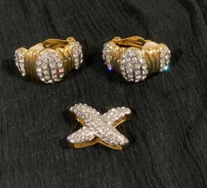 90s Gold & Rhinestone Clip Earrings and X Slider Pendant Set