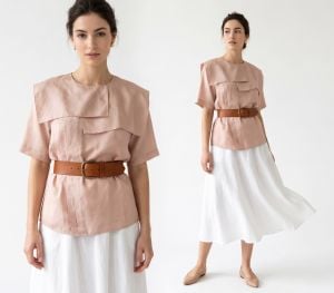 80s French Vintage Pale Peach Pink Silk Blouse Asymmetrical Cape Collar