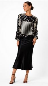90s Silk Blouse Black White Graphic Polka Dot Stripe Top Sz 10