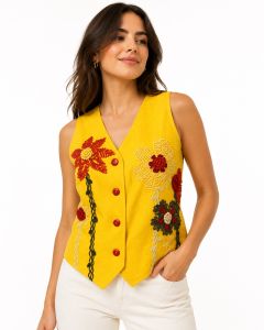 90s Y2K Yellow Linen Flax & Cotton Vest with Floral Embroidery | Italy 38 fits XS/S