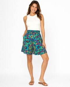Vintage 80s Teal Floral Rayon Shorts | High Waist Wide Leg Petite XS S