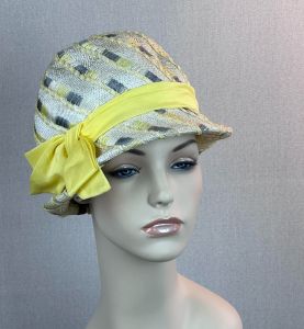 60s Yellow, Grey and Beige Narrow Brim Cloche Hat by Danciger