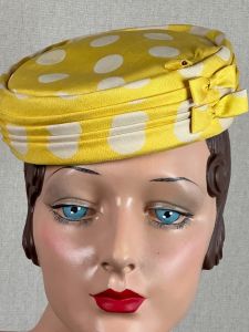 60s Yellow and White Polka Dot Silk Pillbox Hat by Jacque-Lynn, VFG - Fashionconservatory.com