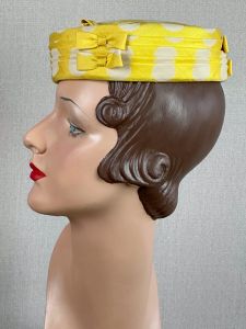60s Yellow and White Polka Dot Silk Pillbox Hat by Jacque-Lynn, VFG