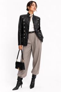 90s Black Leather Military Style Jacket with Silver Crest Buttons 