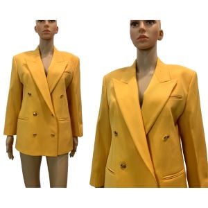 80s 90s Goldenrod Yellow Wool Blazer with Gold Buttons  - Fashionconservatory.com