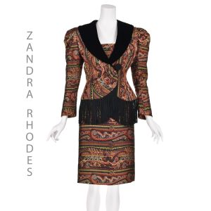 ZANDRA RHODES Rare '80s Jacquard Suit with Black Velvet Lapels & Long Black Fringe SZ SM