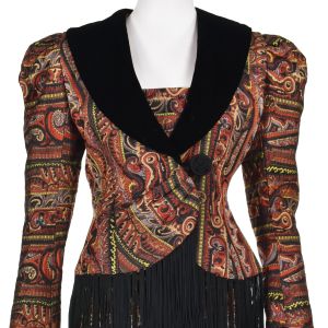 ZANDRA RHODES Rare '80s Jacquard Suit with Black Velvet Lapels & Long Black Fringe SZ SM - Fashionconservatory.com